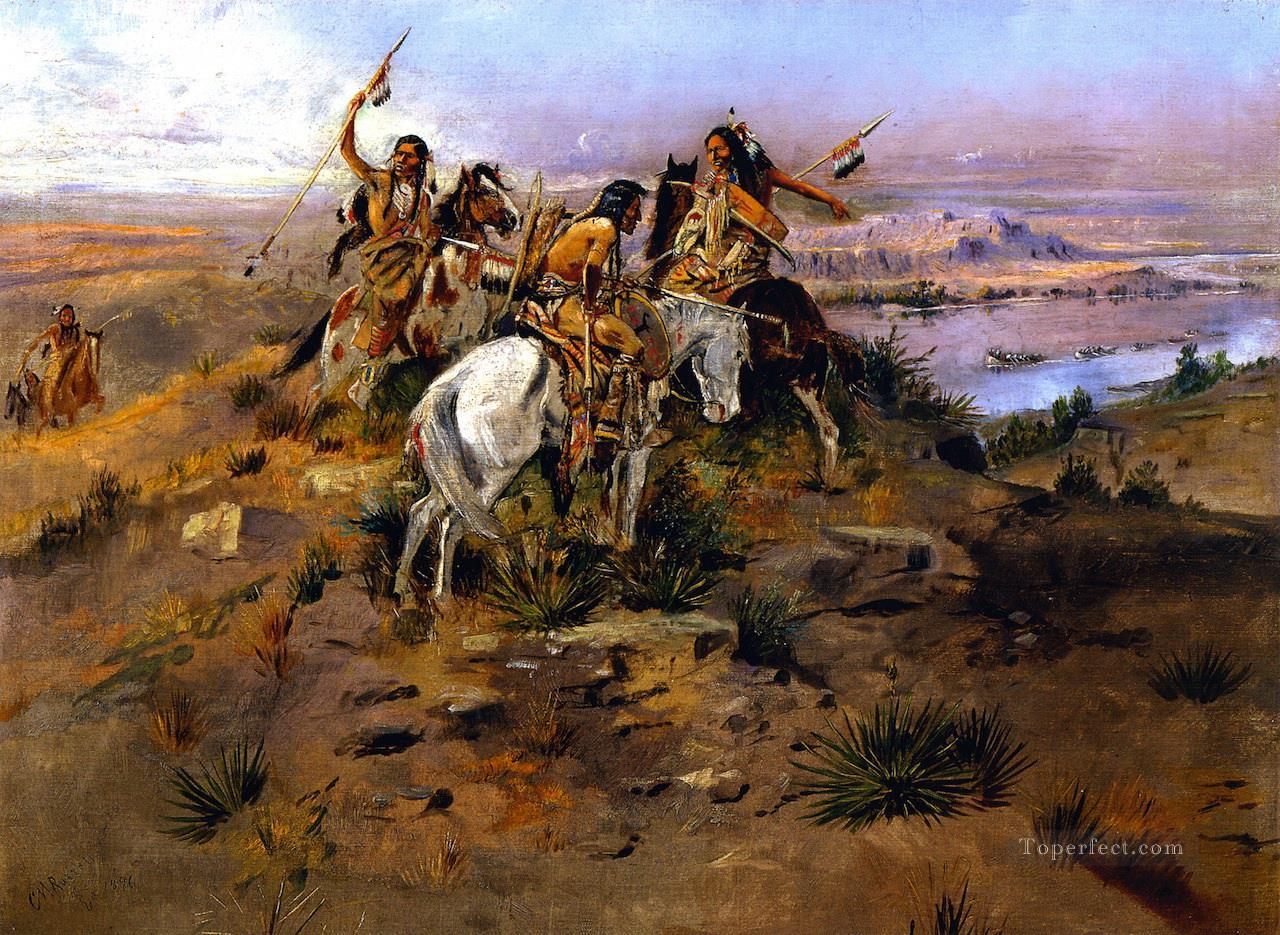 Los indios descubriendo a Lewis y Clark 1896 Charles Marion Russell Los indios americanos Pintura al óleo